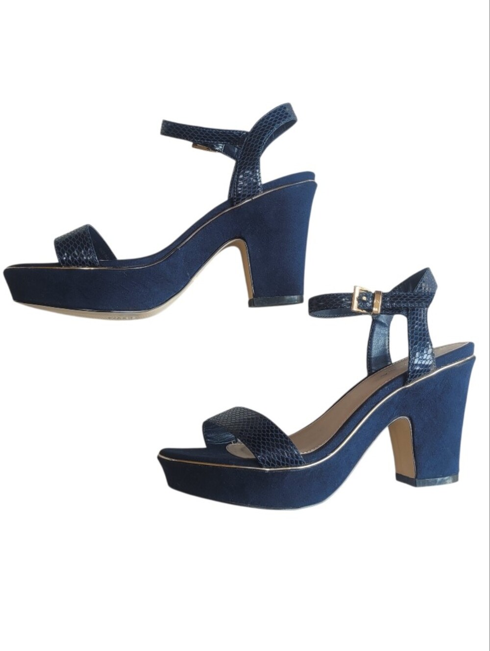 NWOT Carvela Kurt Geiger Navy Blue Platform Sandals Gold Buckle
